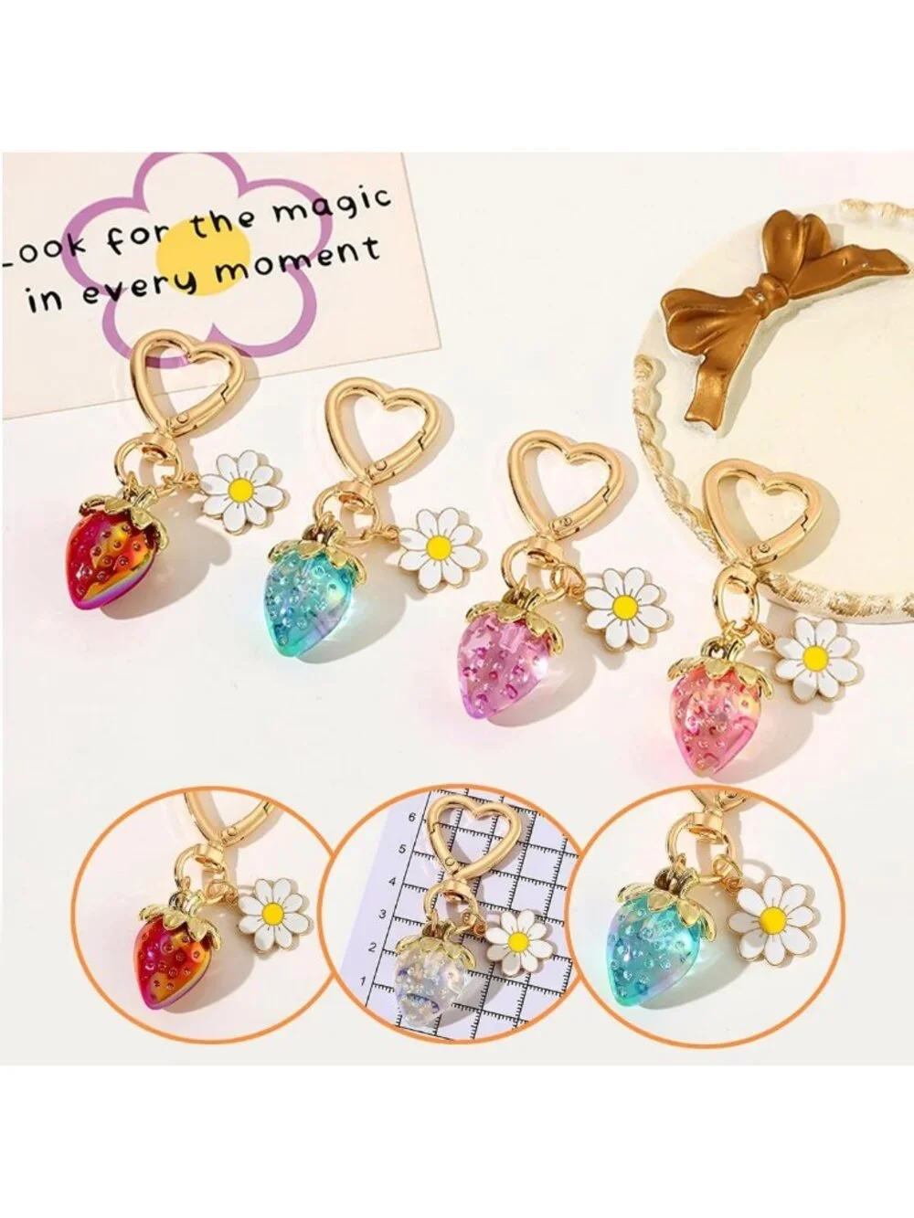 12 Pack Strawberry Keychains & Heart Bee Charms, 18 Daisy Flower Bag Charms